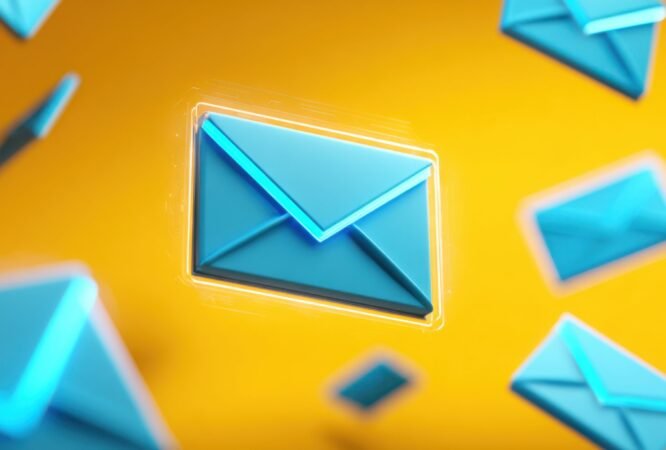 Blue digital envelopes appear to float against a bright yellow background symbolizing online communication messaging and quick information exchange in modern technology.